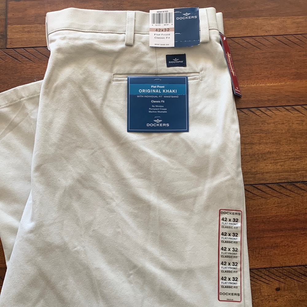 Dockers Mens flat front classic fit khakis permanent crease